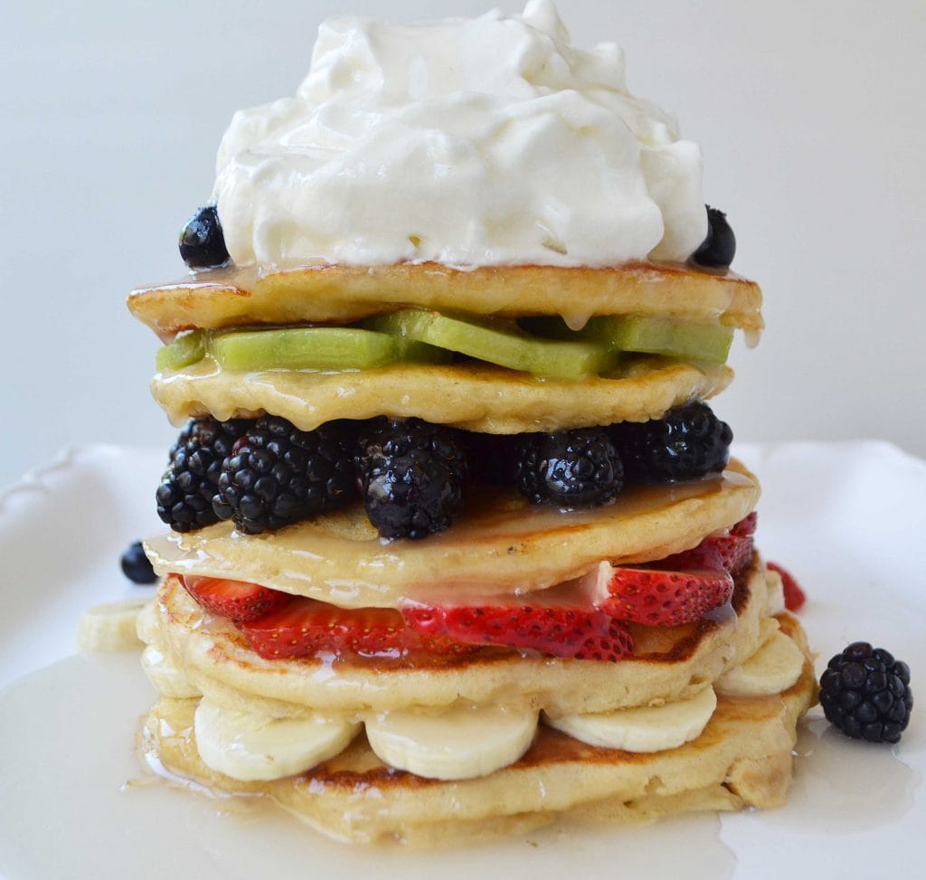 Download Fruit Pancake Stack with Coconut Syrup - Modern Honey