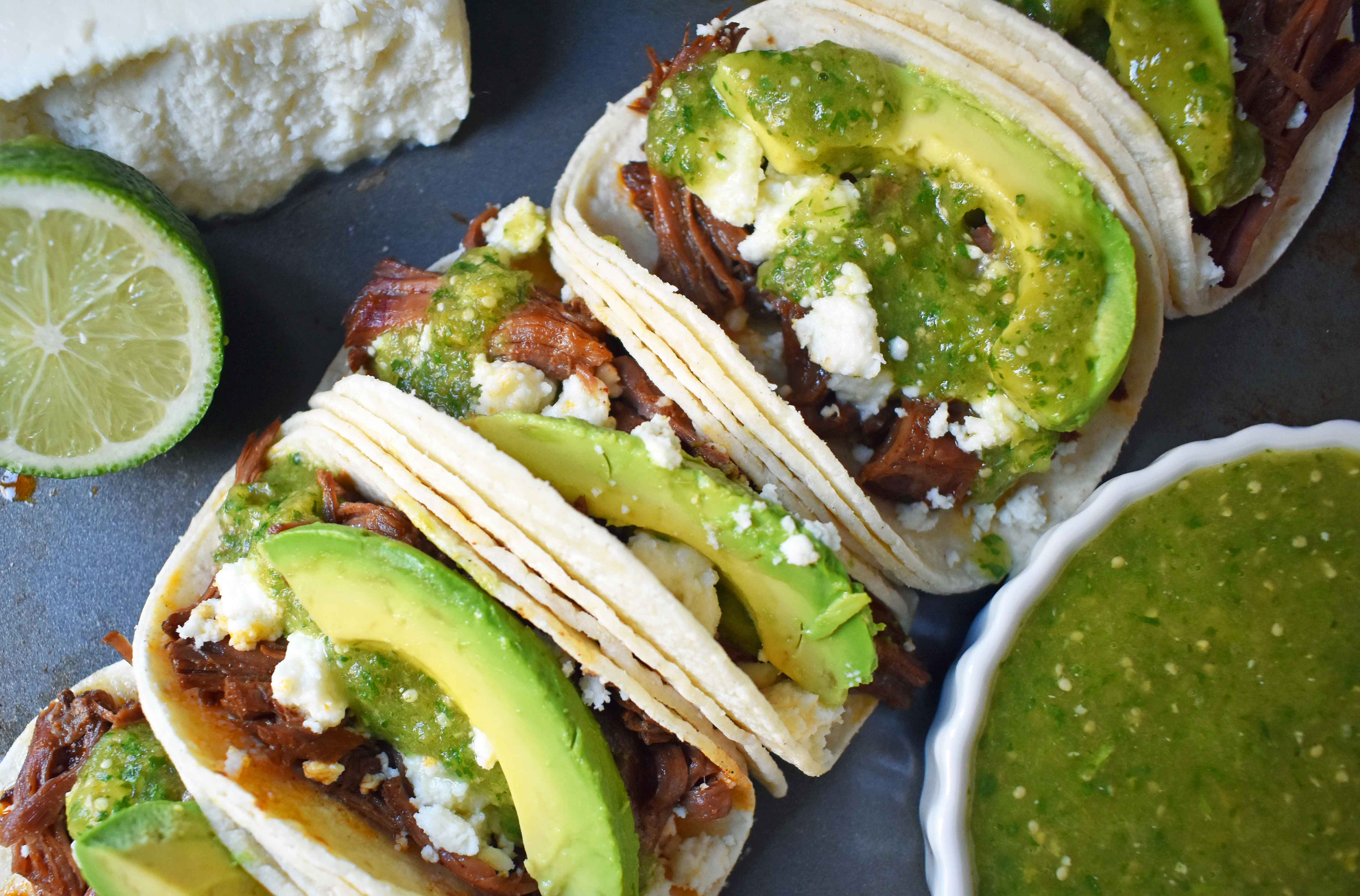 Slow Cooker Beef Barbacoa Tacos with Tomatillo Salsa – Modern Honey
