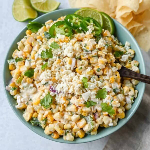 Inspired by Mexican street corn, this dip is made with sweet roasted corn and mixed with red onion, cilantro, jalapeño, lime juice, mexican spices, a touch of mayo, and cotija cheese.