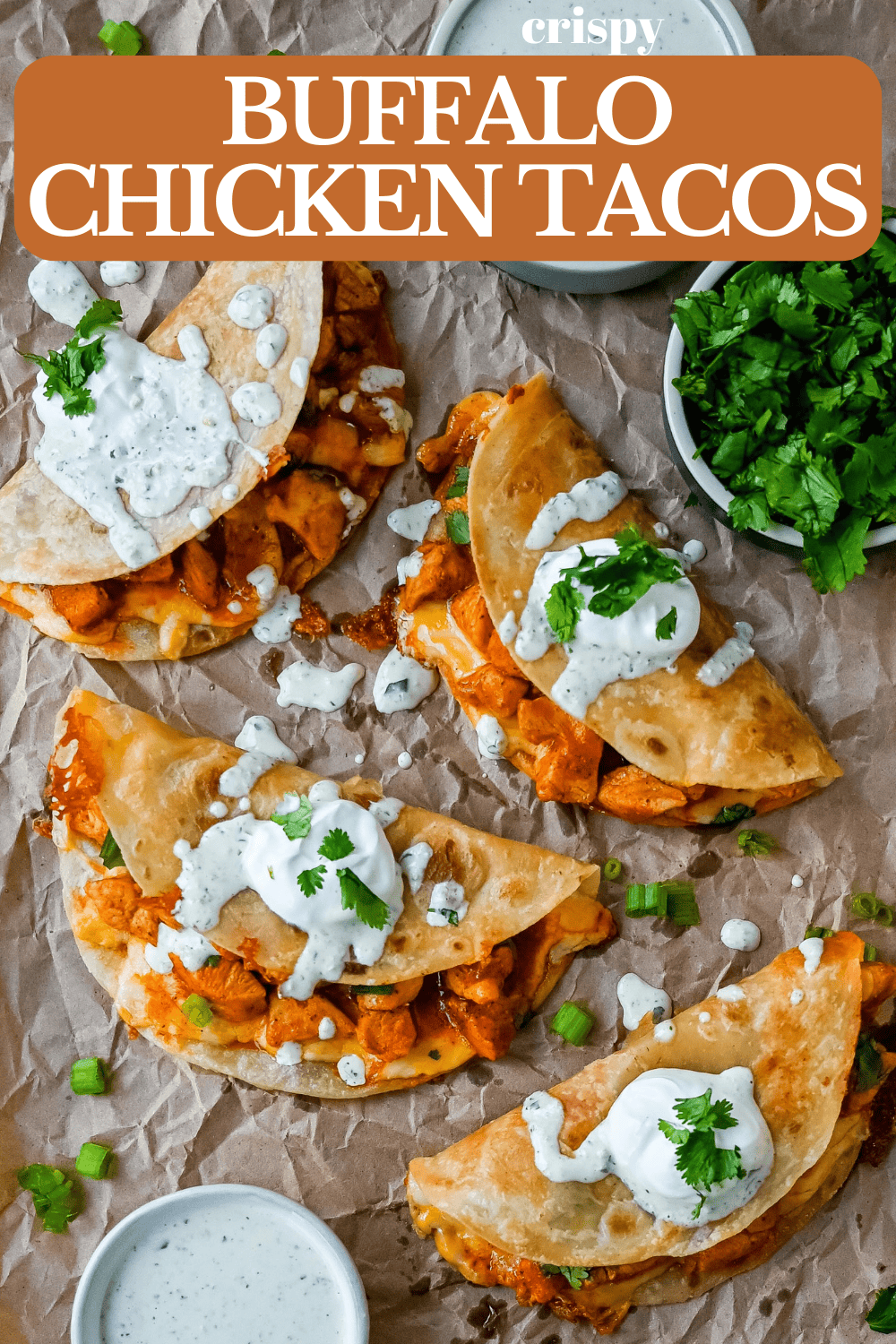 These Crispy Buffalo Chicken Tacos with Jalapeno Ranch Dressing are made with spicy buffalo chicken, melted cheese, drizzled with a homemade cilantro jalapeno ranch. Whether you’re hosting a game day party, preparing a family dinner, or looking for a fun and flavorful meal, these buffalo chicken tacos are a hit!