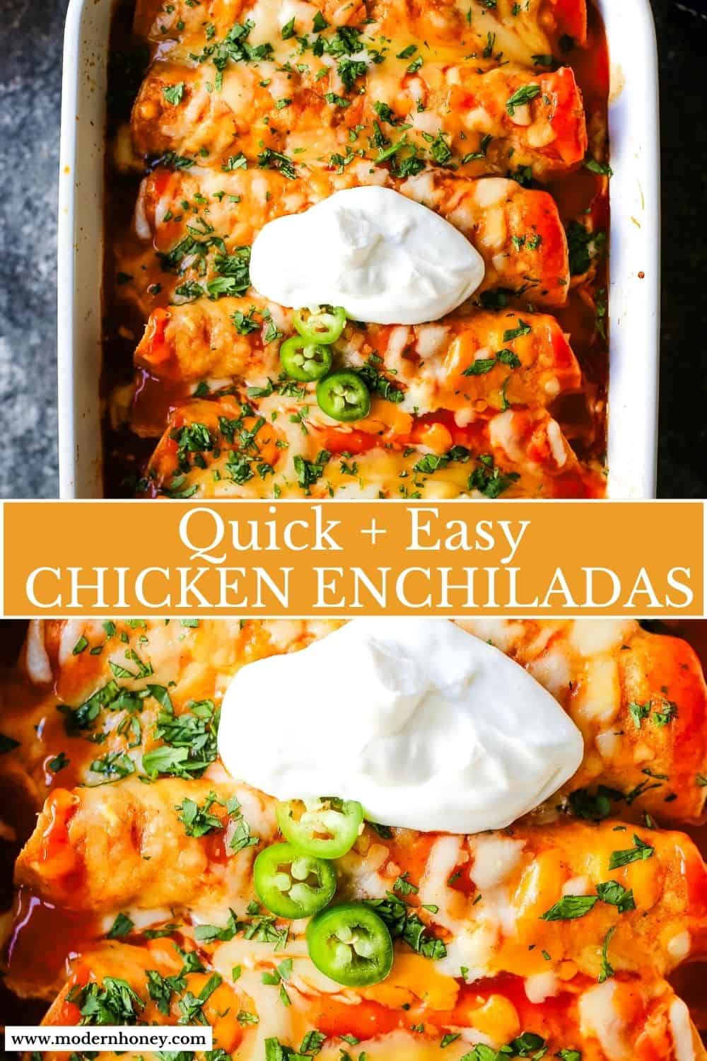 How to make Quick and Easy Chicken Enchiladas with only a few ingredients. This delicious chicken enchiladas recipe is super simple and a crowd pleaser.