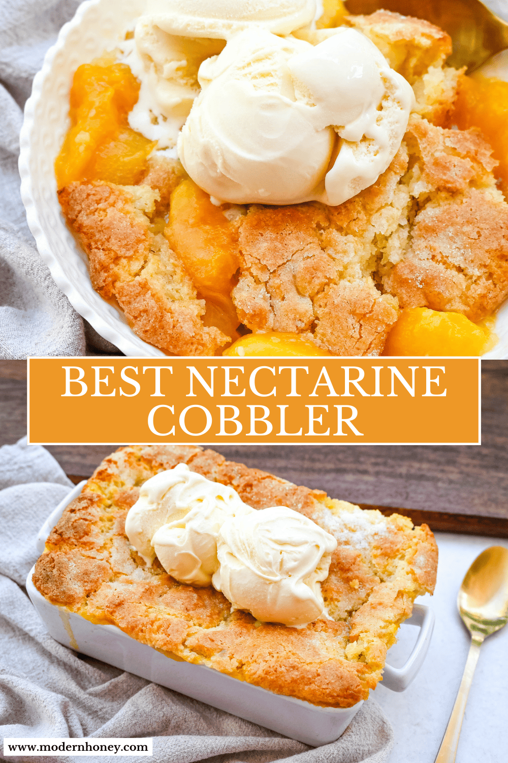 This Homemade Nectarine Cobbler is made with fresh nectarines tossed in sugar and topped with a golden, buttery crust and served warm with vanilla bean ice cream. This is the best nectarine cobbler recipe!