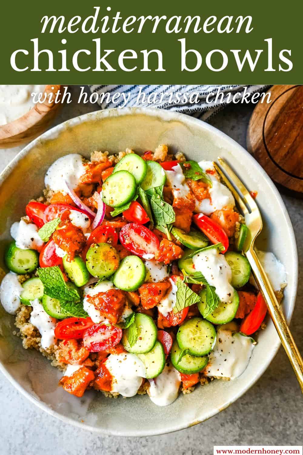 Mediterranean Chicken Bowls are made with sweet and spicy harissa honey chicken, fluffy quinoa, a Greek salad, and creamy tzatziki sauce. It is a spicy, sweet, crunchy, and creamy, healthy chicken bowl.