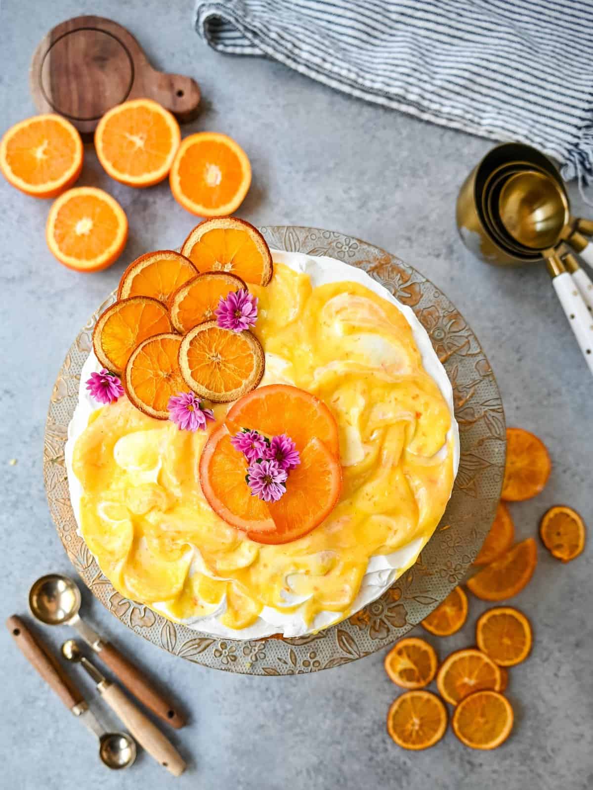 Orange olive oil cake is a beautiful and delicious dessert that combines the fruity essence of oranges with the rich, aromatic flavors of high-quality olive oil. This cake is moist, tender, and pairs beautifully with fresh whipped cream and orange curd.