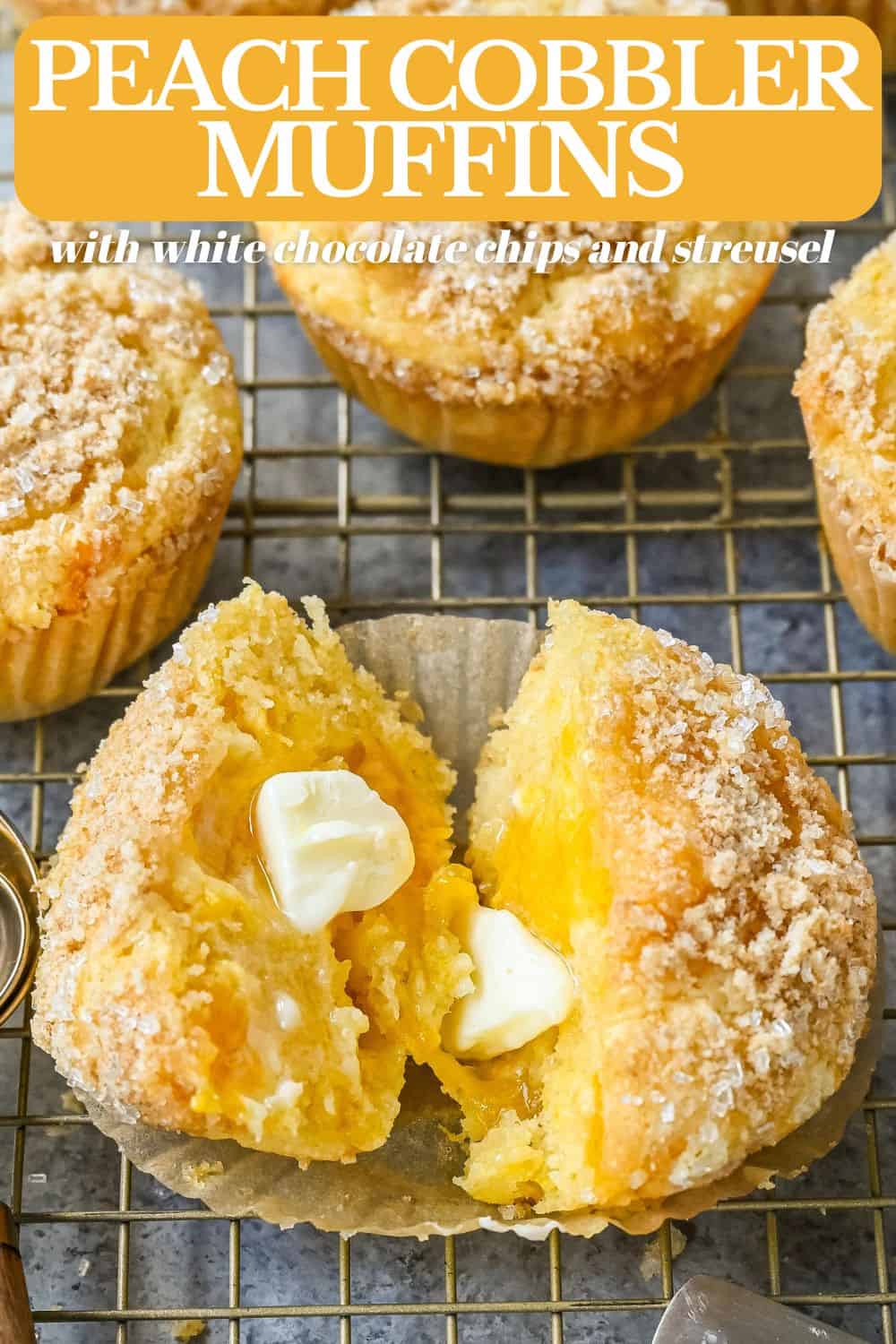 These Peach Cobbler Muffins are made with fresh, juicy peaches topped with a buttery streusel topping. These peach muffins are tender, moist, and bursting with fresh peach flavor and the sweetness of white chocolate chips.