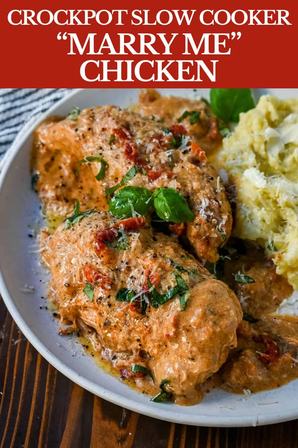 Crockpot Marry Me Chicken is a deliciously rich and creamy dish that is bursting with flavor. This slow cooker Marry Me Chicken is made with tender chicken simmers in a sauce made with garlic, sun-dried tomatoes, and Parmesan, creating a savory blend of tangy, herby, and cheesy goodness. The creamy sauce, with hints of sweetness from the sun-dried tomatoes and a touch of spice, coats every bite, making it irresistible.