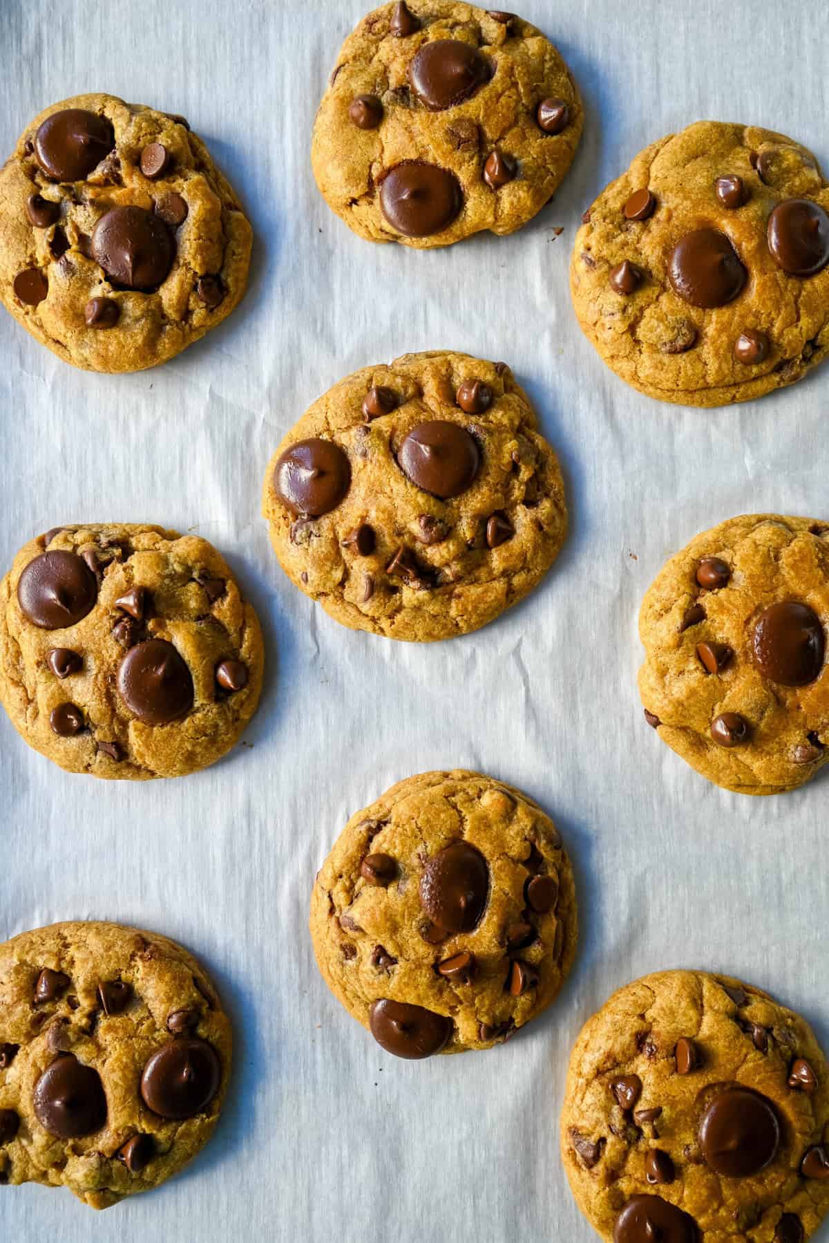 Baking cookies on light colored baking sheet with parchment paper. These Brown Butter Pumpkin Chocolate Chip Cookies are made with browned butter, brown sugar, pure pumpkin puree, pumpkin spice, and semisweet chocolate chips. These are the perfect chewy pumpkin chocolate chip cookie recipe!