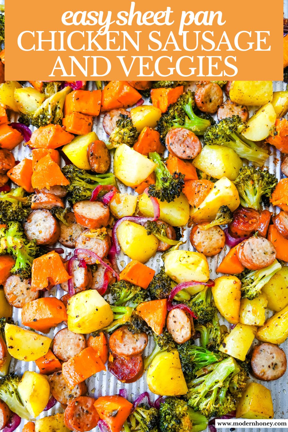 This Sheet Pan Chicken Sausage and Veggies Recipe is made with savory chicken sausage nestled between caramelized, crispy-edged vegetables, all roasted to perfection on a single sheet pan. It's quick, effortless, so delicious, and perfect for busy weeknights or cozy, family-style dinners.