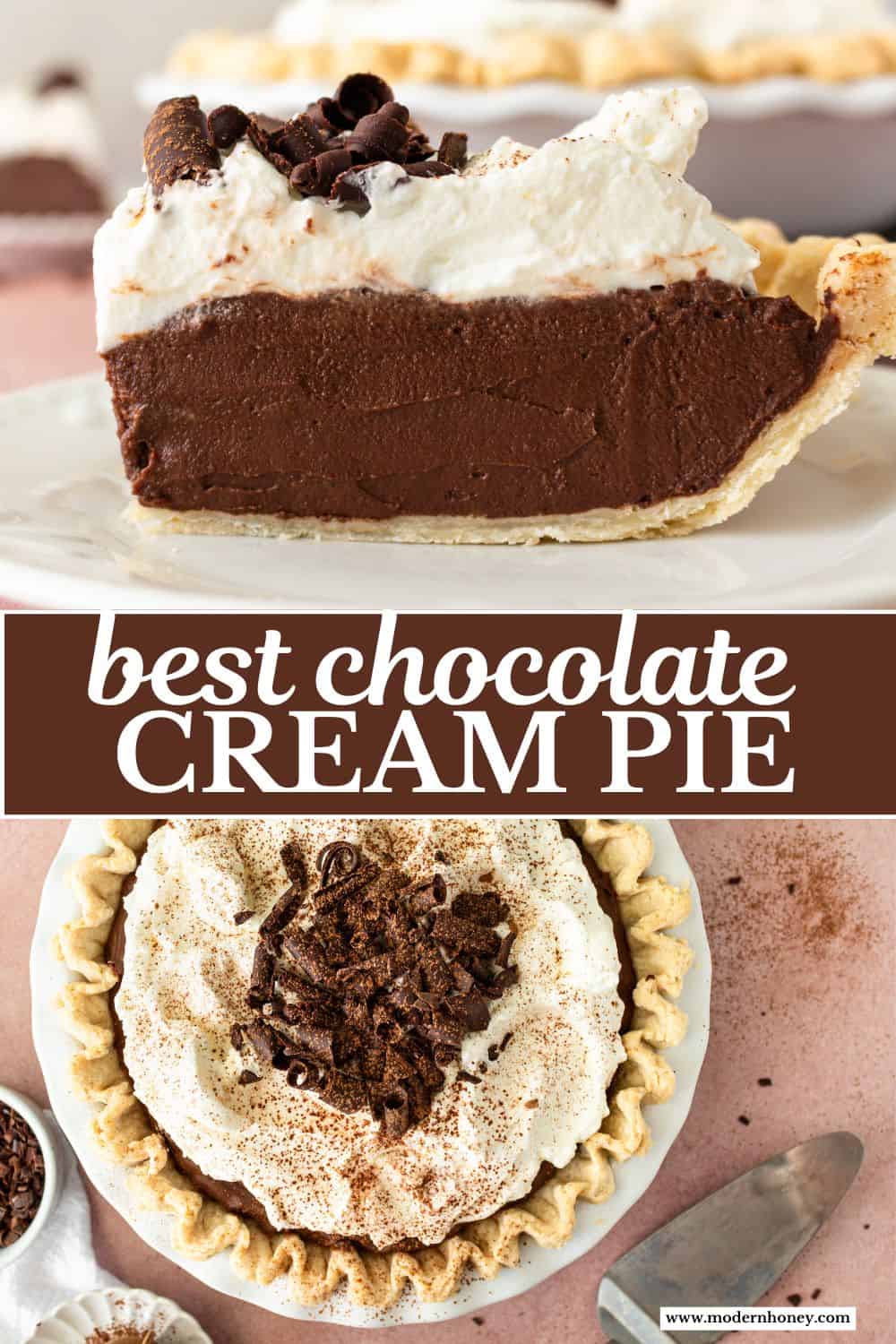 This is the best Chocolate Cream Pie recipe made with decadent chocolate custard in a flaky, buttery crust and topped with homemade whipped cream and chocolate shavings. You will love this chocolate pie recipe!