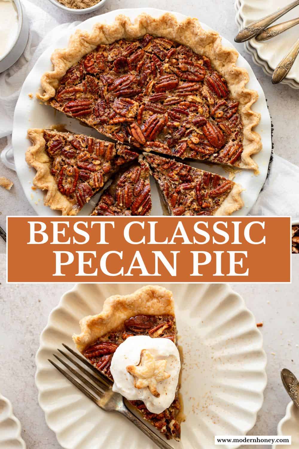 This is the best pecan pie recipe made with a rich, gooey filling with the crunchy, nutty goodness of toasted pecans. It pairs perfectly with a homemade buttery, flaky pie crust. The filling is a sweet blend of brown sugar, eggs, and vanilla, which creates a silky texture that melts in your mouth. You will love this easy pecan pie recipe!