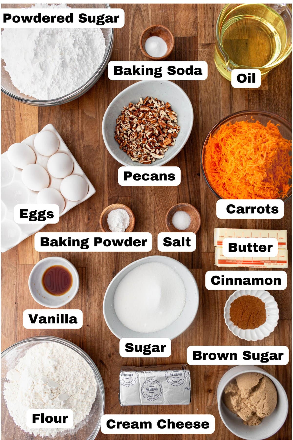 Carrot Cake ingredients. What ingredients do you need to make homemade carrot cake with cream cheese frosting.