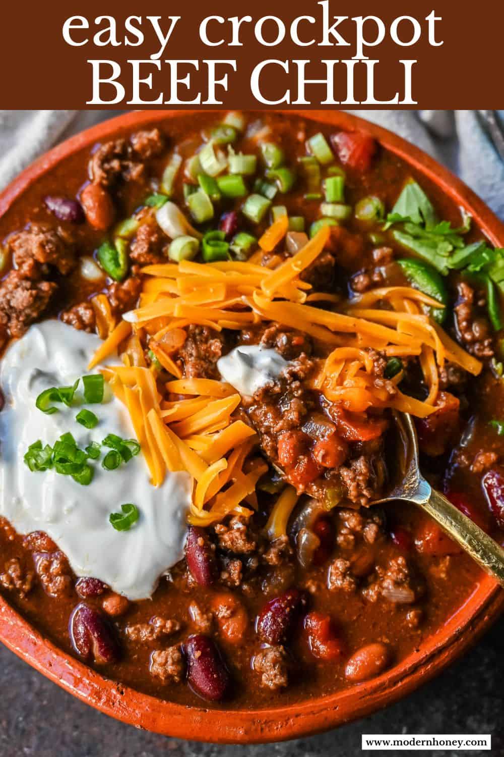 Crockpot Beef Chili. This slow cooker beef chili is the ultimate comforting meal, made even better with a surprising secret ingredient! This crockpot beef chili will be surefire hit and you'll be hooked on how the sweetness and spices come together to create the best crockpot chili.