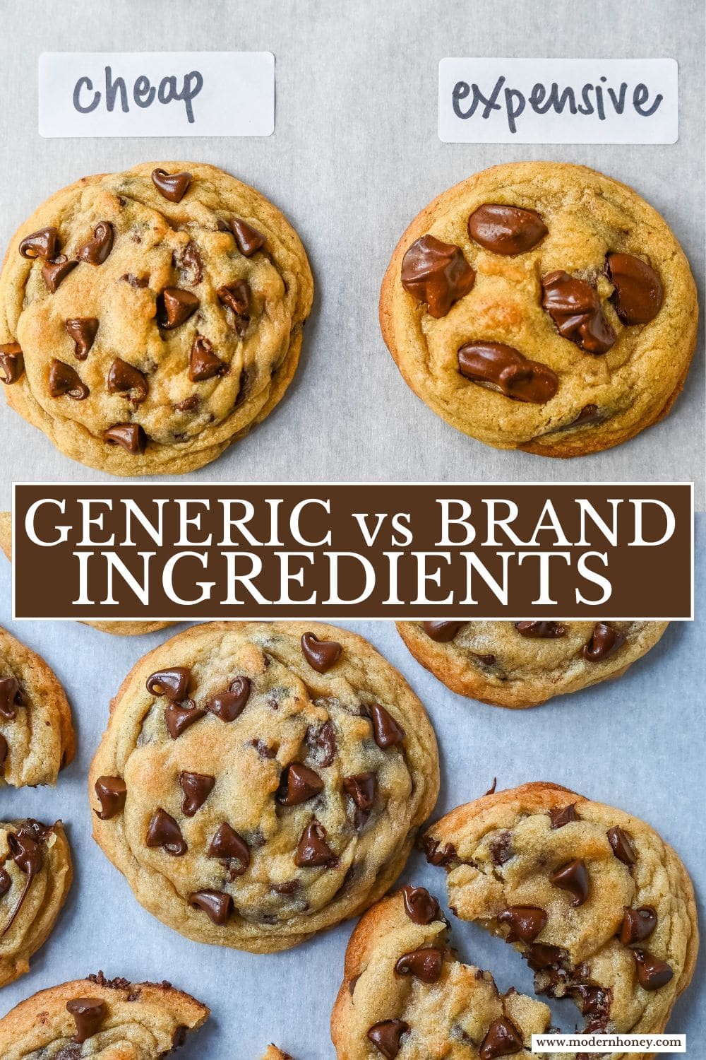 Do ingredients matter? Brand vs Generic and Expensive vs Cheap Ingredients in chocolate chip cookies. This is a comprehensive study to see if ingredients matter and make a difference in baking chocolate chip cookies. We take generic vs brand ingredients to see how it affects baking cookies. Does cheap vs expensive ingredients make a difference in cookies?