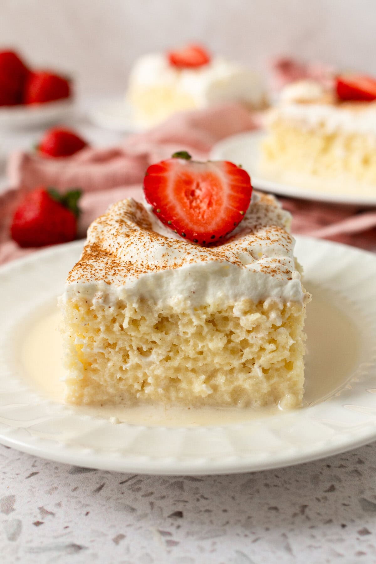 Tres Leches Cake. A classic Mexican dessert made with a vanilla sponge cake soaked with three kinds of milk -- heavy cream, evaporated milk and sweetened condensed milk and topped with fresh sweetened whipped cream. An authentic Mexican dessert recipe!