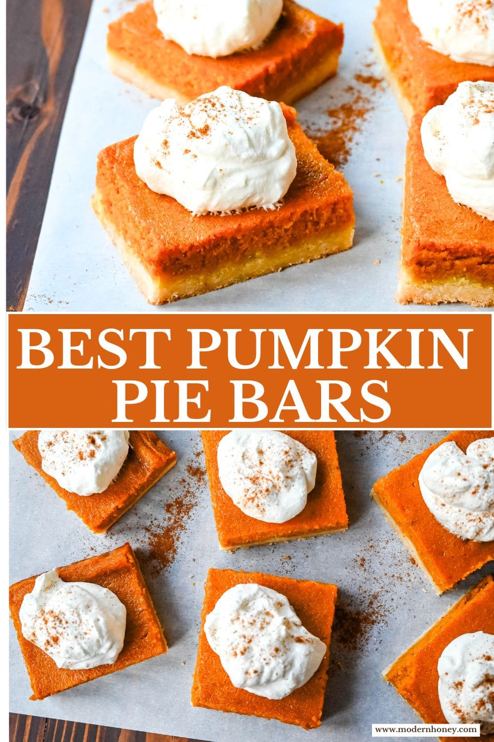 These homemade Pumpkin Pie Bars are made with a buttery shortbread crust and topped with a creamy pumpkin cream cheese filling and baked. These easy pumpkin pie bars are topped with fresh whipped cream and cut into squares for an easy alternative to pumpkin pie.