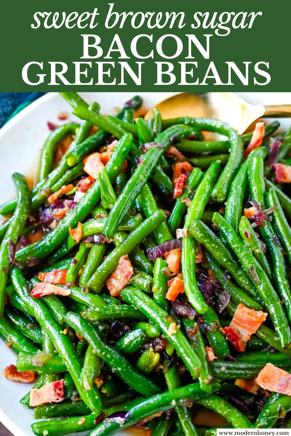 This recipe for brown sugar bacon green beans brings a sweet and savory twist to traditional green beans with the addition of crispy bacon, caramelized onions, and a buttery brown sugar glaze. This easy side dish is perfect for holiday dinners, Thanksgiving or as crowd pleasing side dish, adding just the right amount of richness to fresh green beans while keeping them fresh and crisp-tender.