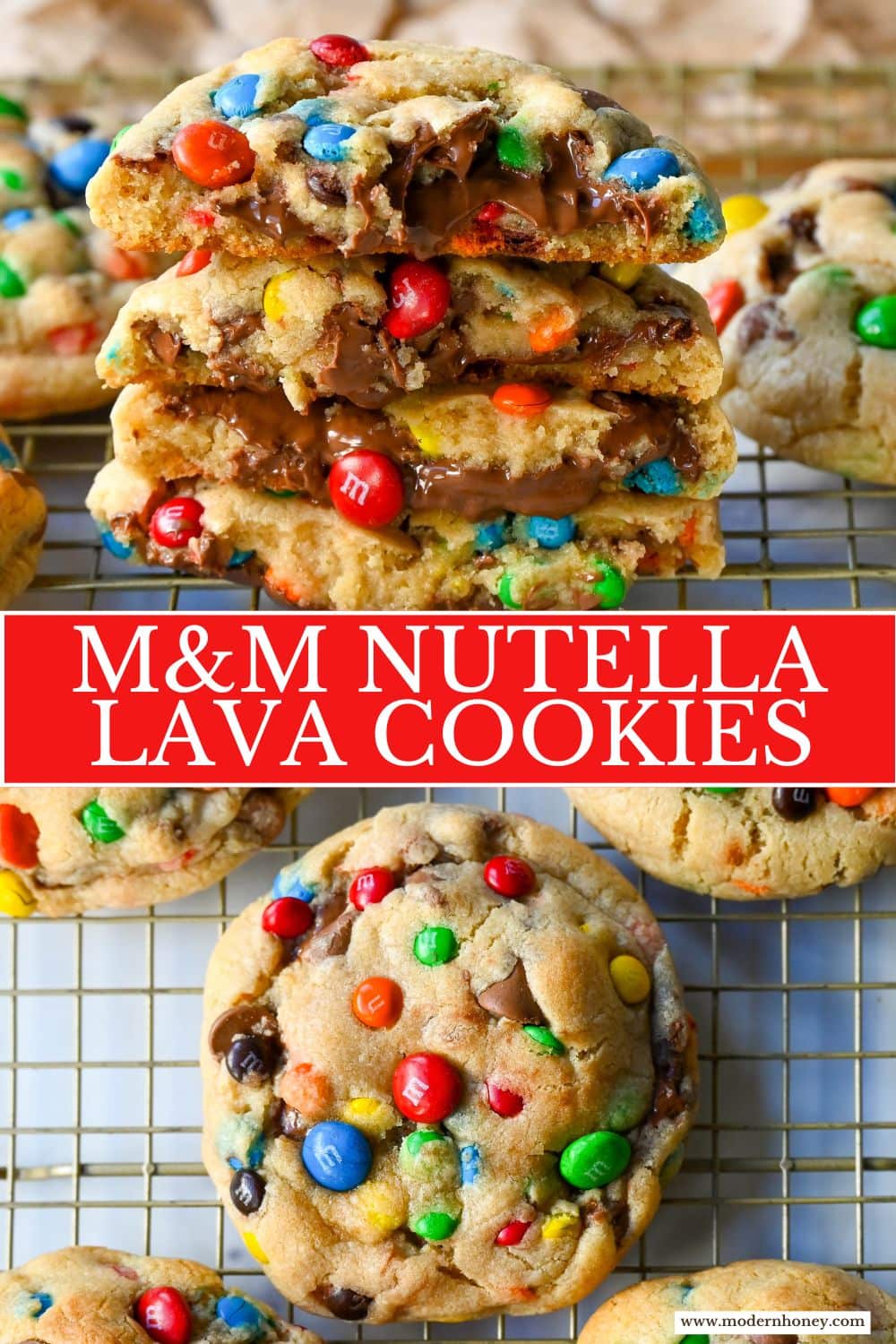 M&M Nutella Lava Cookies. These M&M Nutella Stuffed Cookies are made with milk chocolate chip and M&M cookies filled with creamy chocolate hazelnut Nutella spread and baked until perfectly soft and chewy.