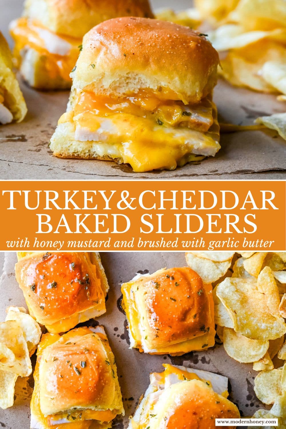 Garlic Herb Turkey and Cheddar Sliders. These Baked Turkey and Cheddar Sliders on Hawaiian Rolls with a sweet honey mustard spread and homemade garlic butter brushed on top are the perfect turkey slider recipe.