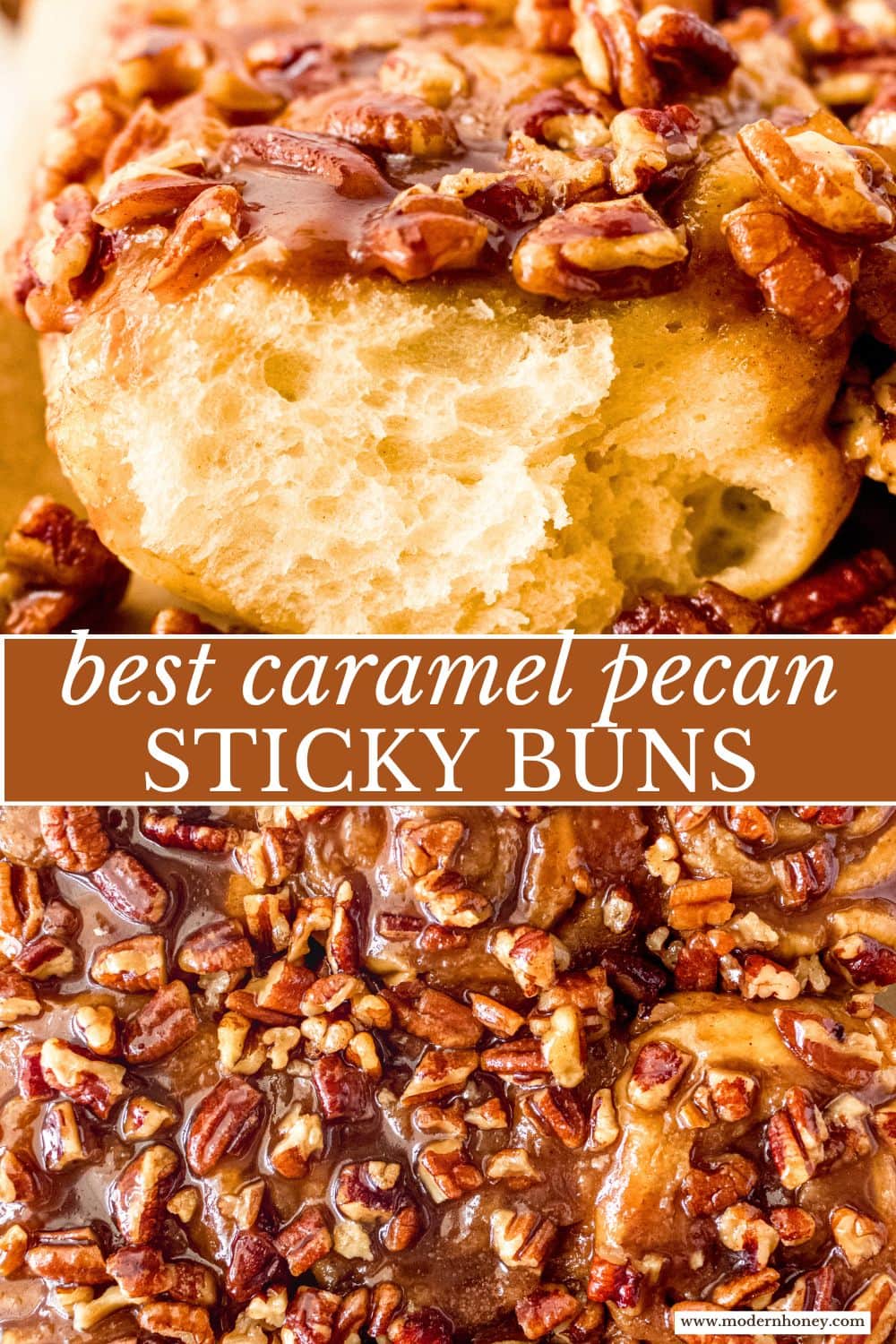 Caramel pecan sticky buns also known as caramel pecan rolls are homemade sweet rolls filled with a brown sugar cinnamon filling and topped with a rich caramel sauce and pecans. Sweet, nutty, and rich, this is the best sticky bun recipe!