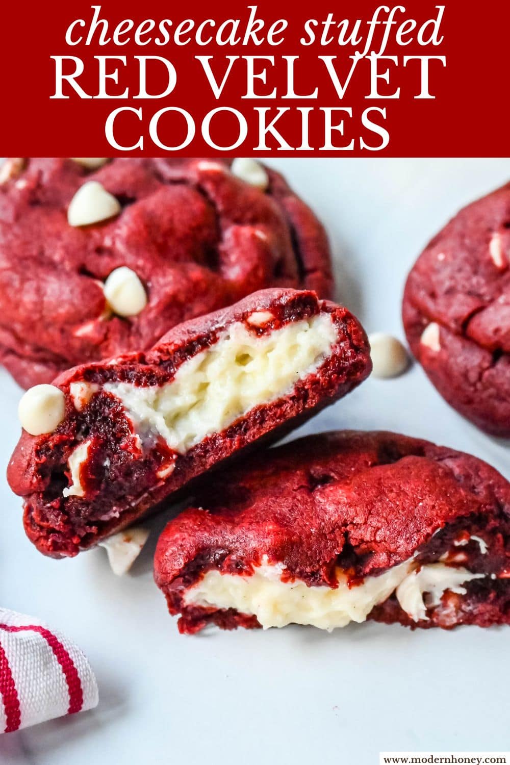 Cheesecake stuffed Red Velvet Cookies with white chocolate chips and a creamy cheesecake center are the perfect Christmas cookie. A vibrant red velvet cookie meets a creamy cheesecake center, with bursts of sweetness from white chocolate chips in every bite.