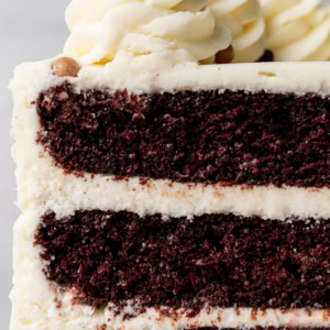 Rich, moist homemade chocolate cake with a creamy vanilla frosting. This decadent chocolate cake with vanilla frosting is a moist, rich chocolate cake covered in a smooth, sweet vanilla buttercream. Sometimes known as a chocolate layer cake with white icing or a chocolate birthday cake with vanilla buttercream, it’s perfect for any celebration. The perfect Black and White Cake!