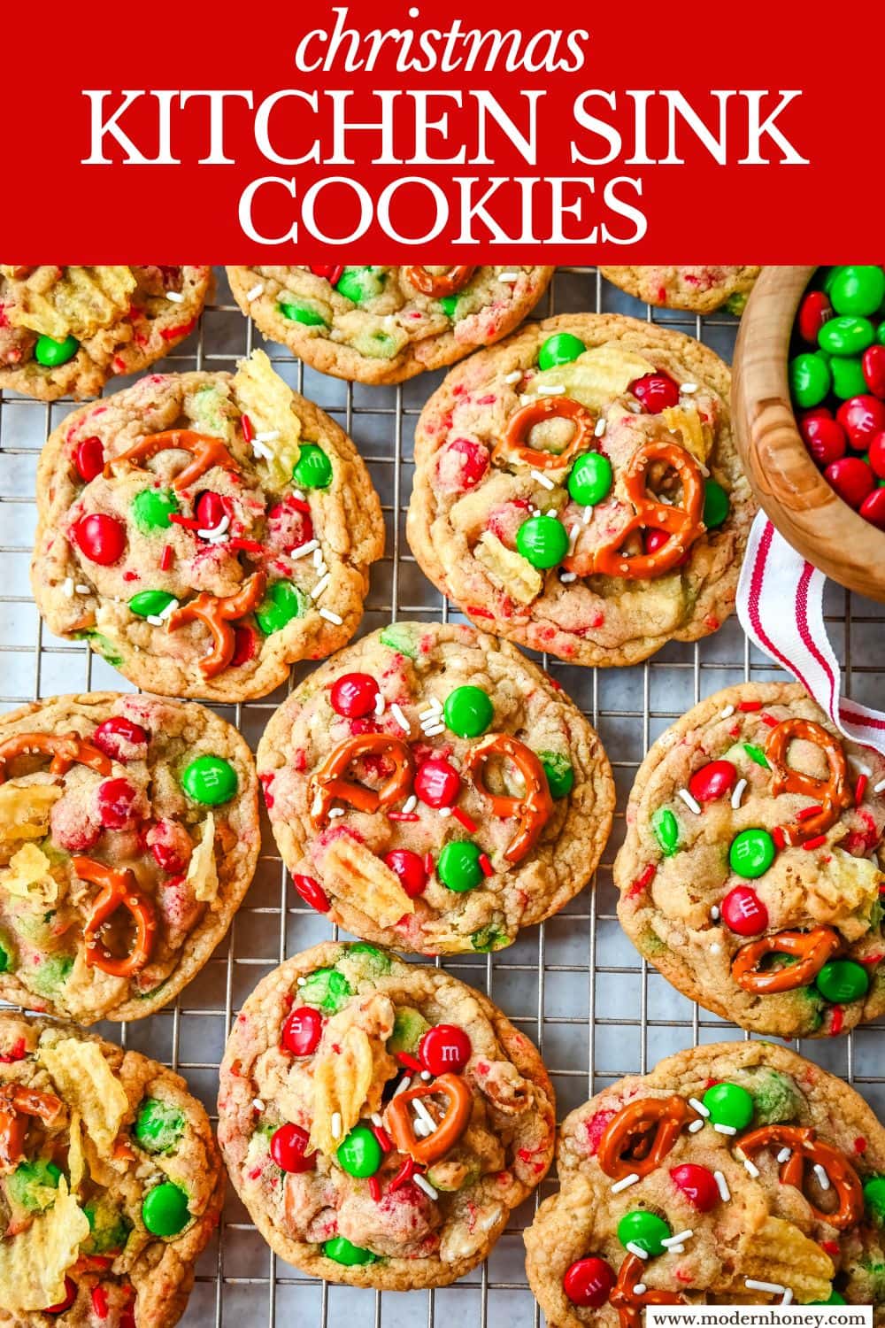 Get ready to bake the ultimate Christmas treat with these Christmas Kitchen Sink Cookies! Packed with holiday M&M's, pretzels, potato chips, sprinkles, and optional chocolate chips, these cookies bring together sweet, salty, and festive flavors in every bite. They're easy to make, fun to customize, and perfect for gifting, cookie swaps, and for your Christmas baking.