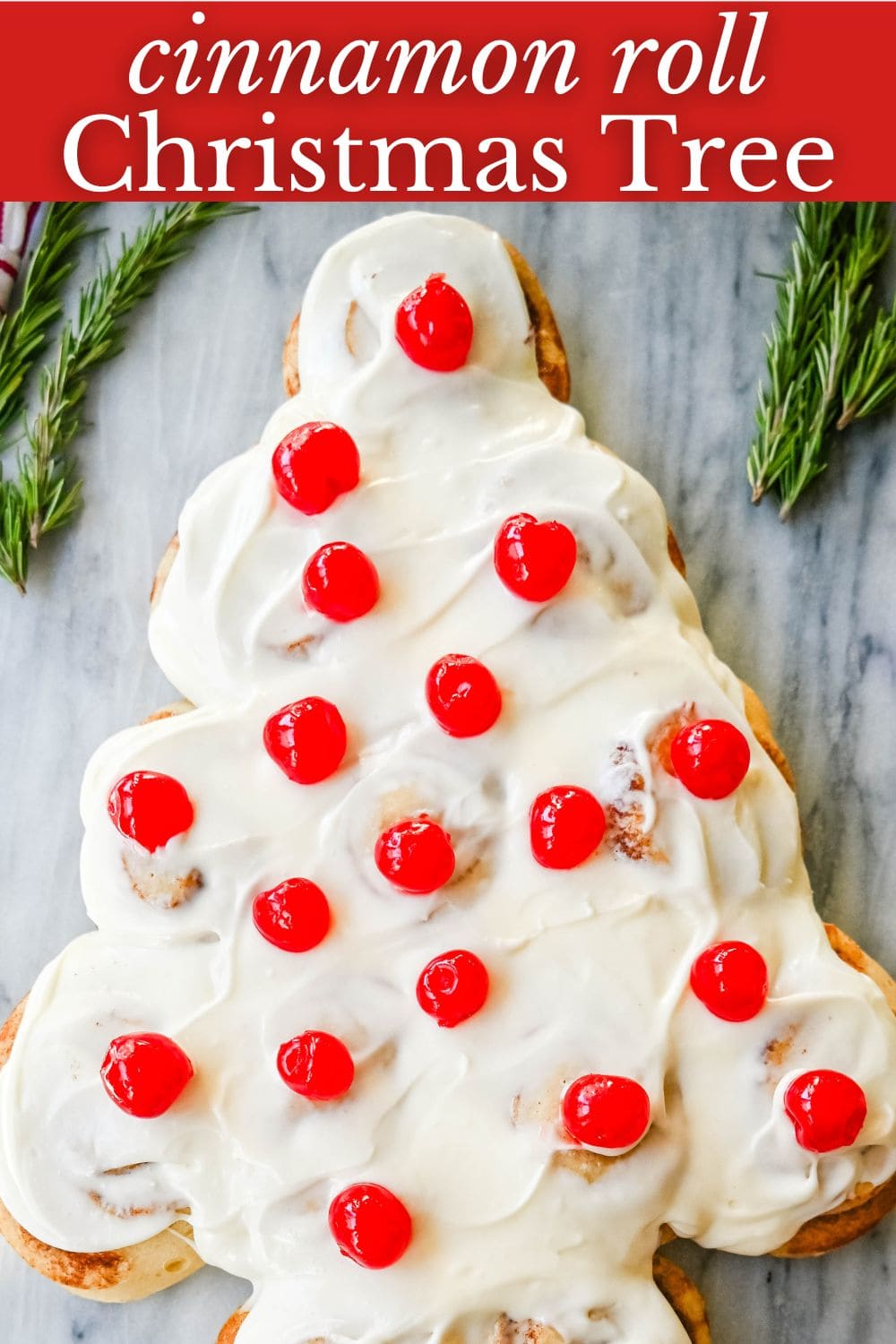 Are you looking for a sweet, festive, and delicious Christmas breakfast recipe for your Christmas morning? This Cinnamon Roll Christmas Tree is made with either homemade cinnamon roll dough or store-bought options like Rhodes frozen cinnamon rolls and covered in a creamy frosting. It can even be decorated with "red ornaments" -- maraschino cherries.