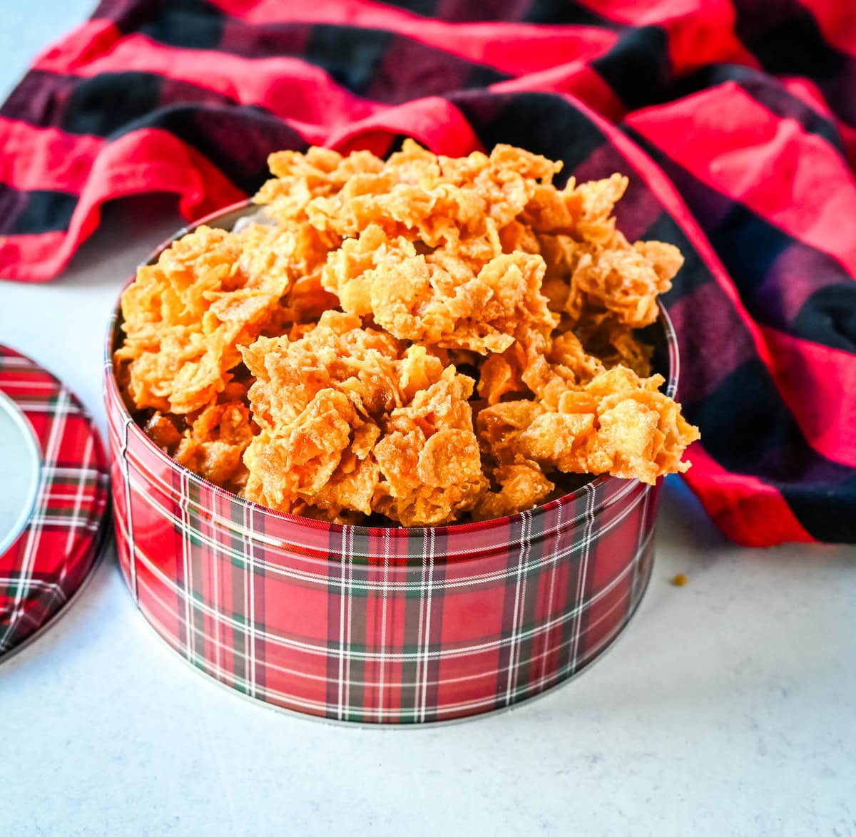 Cornflake Crunch or Cornflake Crack in a Christmas tin for a perfect Christmas treat