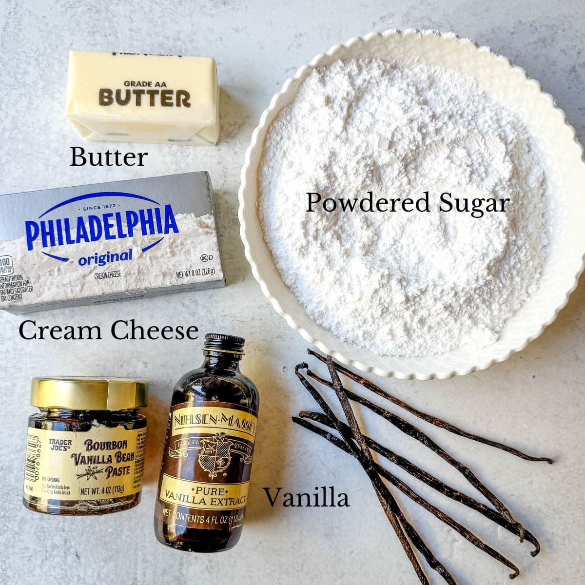 What ingredients do you need to make cream cheese frosting? You only need 4 ingredients to make homemade cream cheese frosting -- butter, cream cheese, powdered sugar, and vanilla extract.