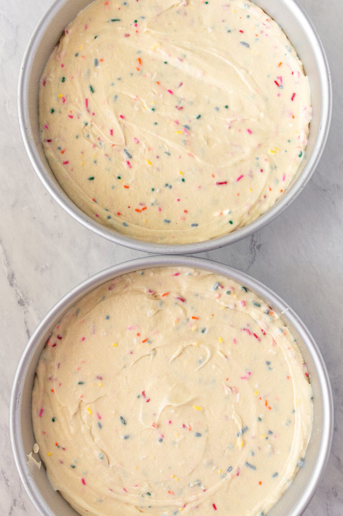 Funfetti or Confetti Cake batter in cake pans before baking