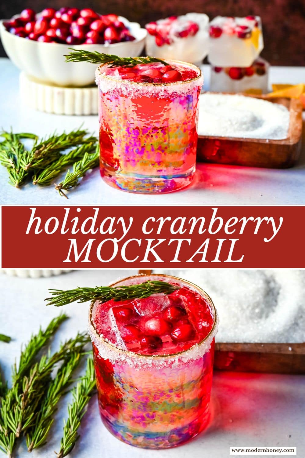 A cranberry mocktail is a gorgeous, tart, and refreshing beverage that pairs beautifully with cozy winter evenings or holiday parties. Cranberry juice, cranberry sprite, and cranberry orange infused ice cubes all in a sugar rimmed glass make this an extra special holiday mocktail recipe.