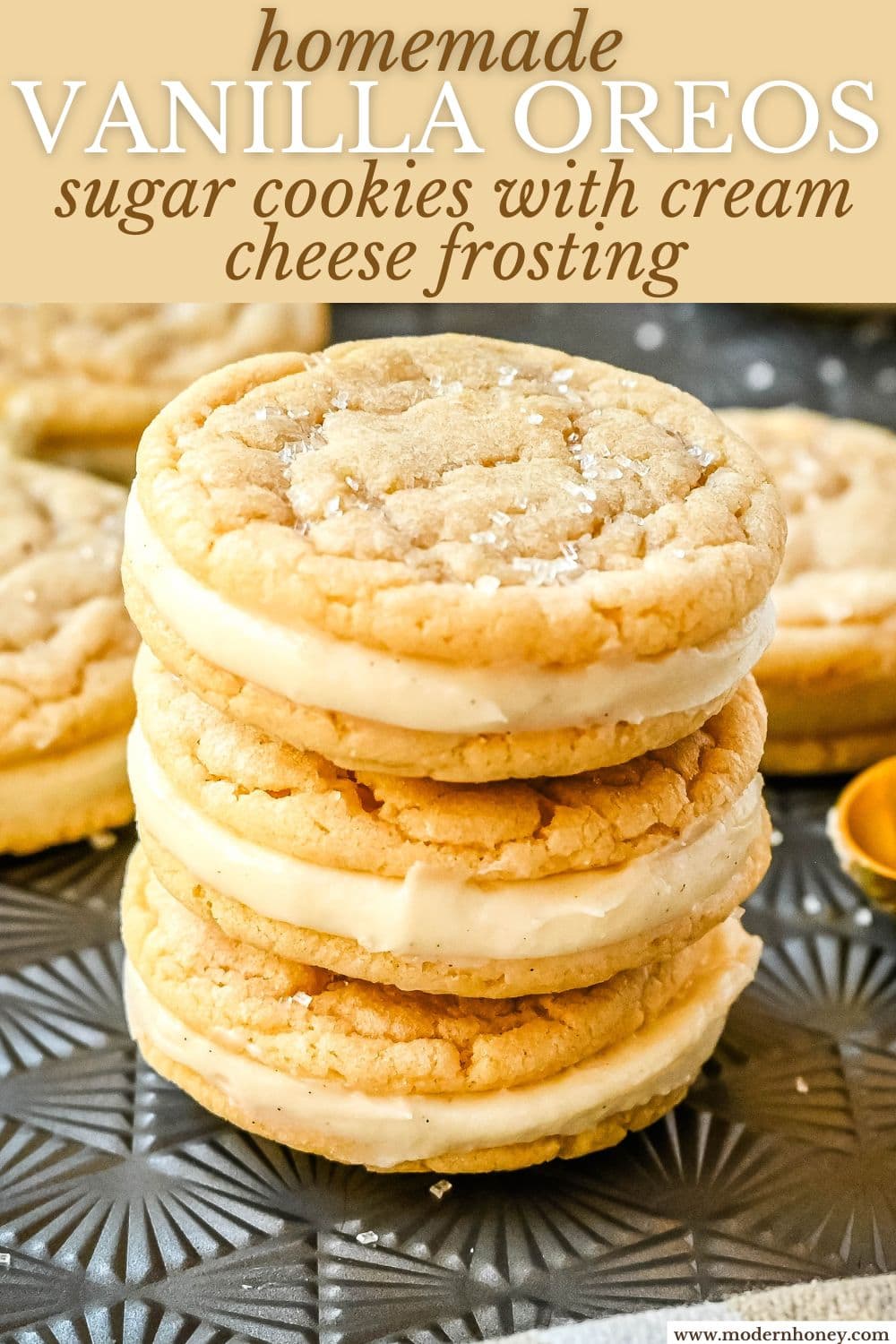 Sugar Sandwich Cookies with Cream Cheese Frosting are two soft and tender, buttery sugar cookies sandwiched with creamy and sweet cream cheese filling. These Homemade Vanilla Sugar Cookie Oreos are soft, chewy and filled with the best cream cheese frosting.