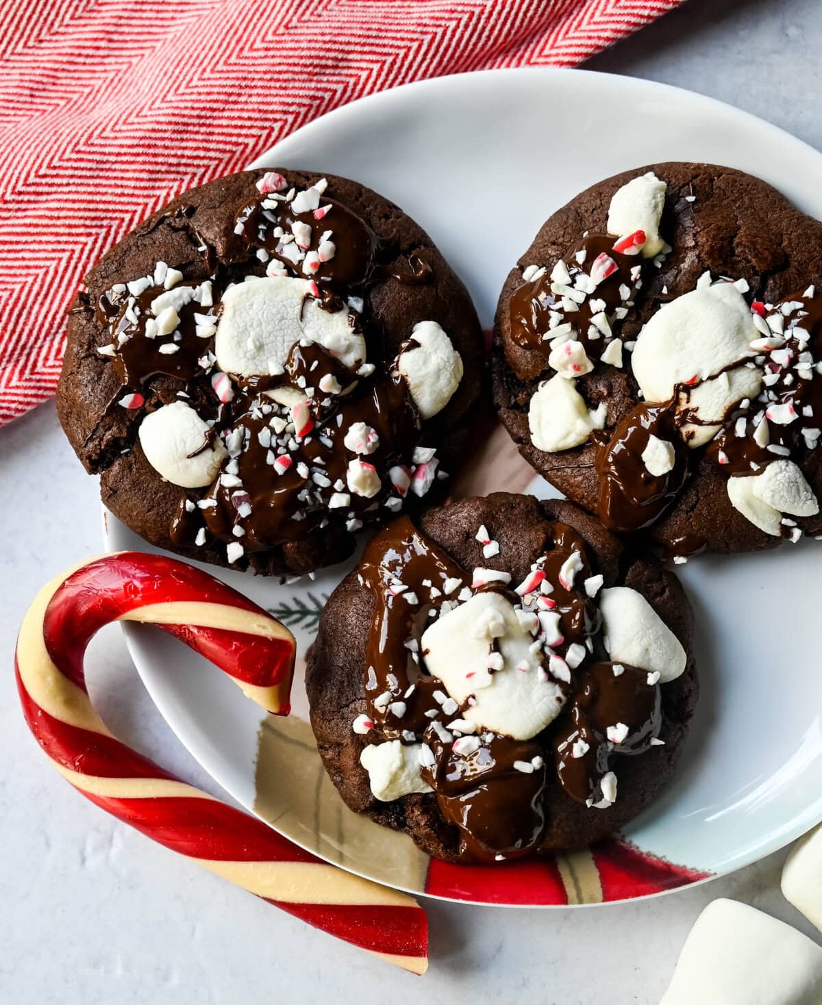 Peppermint Hot Cocoa Cookies on Santa plate. A chocolate marshmallow christmas cookie