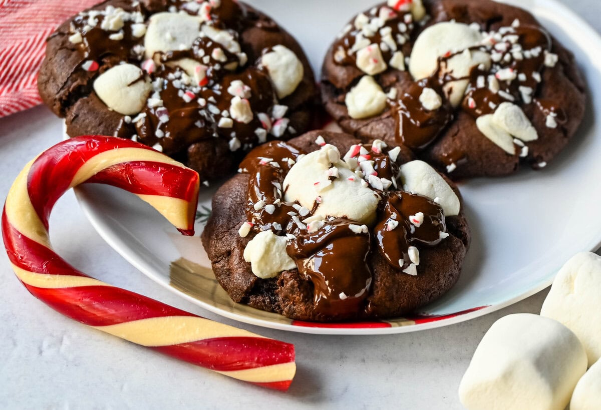 Peppermint Hot Cocoa Cookies on Santa plate. A chocolate marshmallow christmas cookie