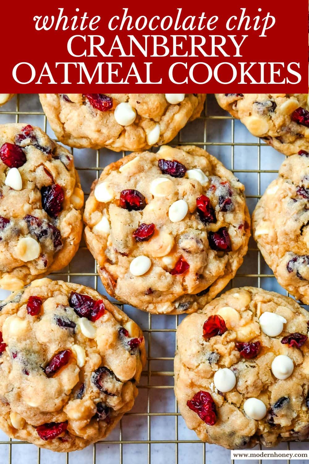 Soft, chewy, hearty oatmeal cranberry white chocolate chip cookies are made with tart dried cranberries, sweet white chocolate chips, and are always 5-star rated. The best Cranberry Oatmeal White Chocolate Chip Cookie recipe!