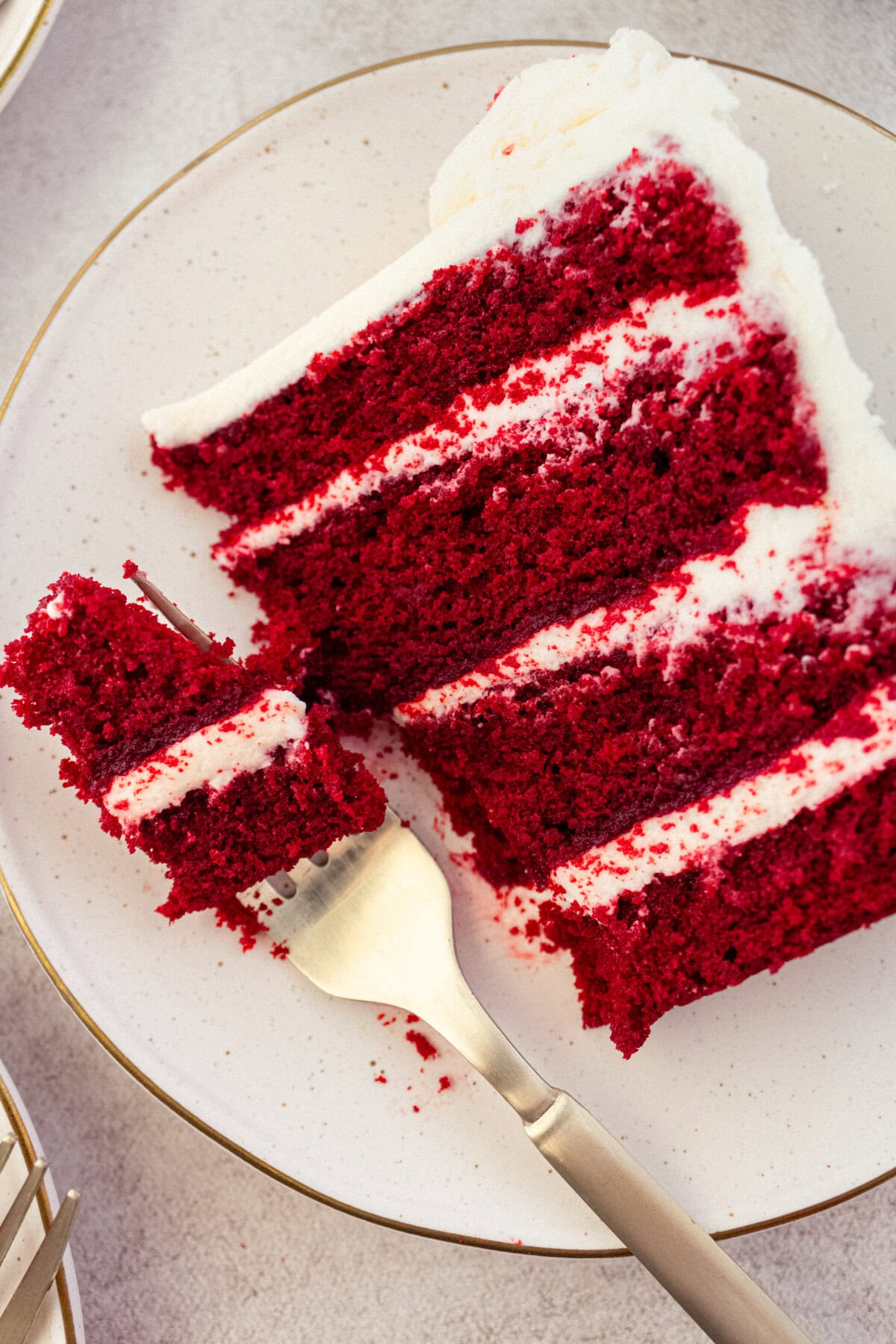 Slice of red velvet cake with cream cheese frosting. How to make the best red velvet cake with cream cheese frosting. Homemade Red Velvet Cake is soft, tender, and fluffy with the creamiest and most decadent cream cheese frosting. It is no wonder that it is one of the most popular cake recipes and this is the perfect recipe.