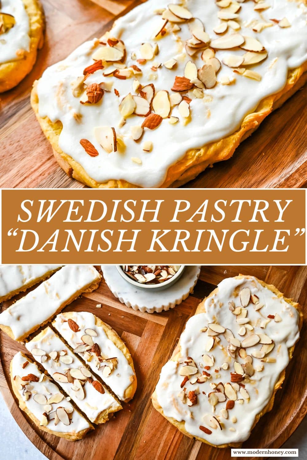 This homemade Swedish Pastry, also known as Danish Kringle, features a buttery crust, an almond filling, and topped with an almond frosting. This buttery pastry is buttery, creamy, and has just the right sweetness. A holiday tradition!