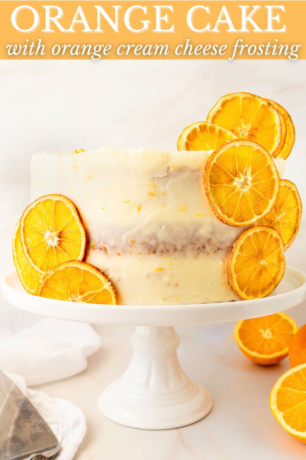 A moist, tender fresh orange cake with a sweet orange cream cheese frosting. This homemade orange cake that is bursting with bright citrus flavor in every bite. Each layer is moist, fluffy, and perfectly enhanced by an orange cream cheese frosting. The fresh orange juice and zest adds fresh orange flavor. Here are tips for making the perfect frosted orange cake! This can also be made into an orange naked cake.