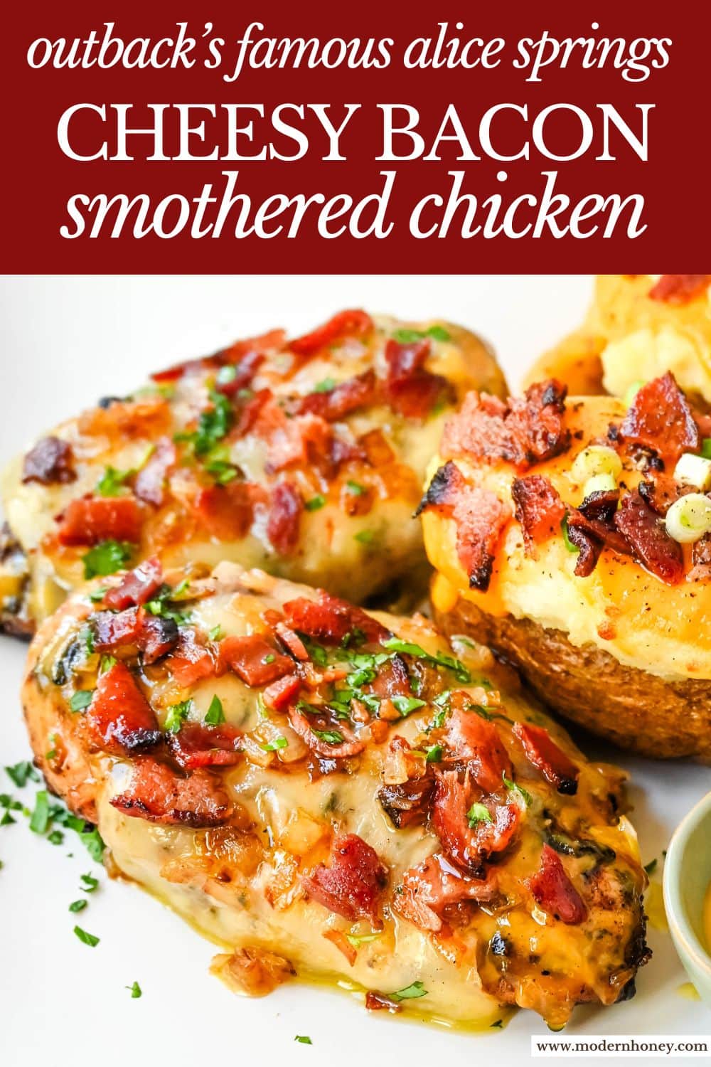 Cheesy Bacon Smothered Chicken. This juicy, marinated grilled chicken breast is smothered with honey mustard sauce, melted cheese, and crispy bacon. To make it extra flavorful, add caramelized onions or mushrooms. You may know this as the famous Alice Springs Chicken from Outback Steakhouse but you can make it at home.