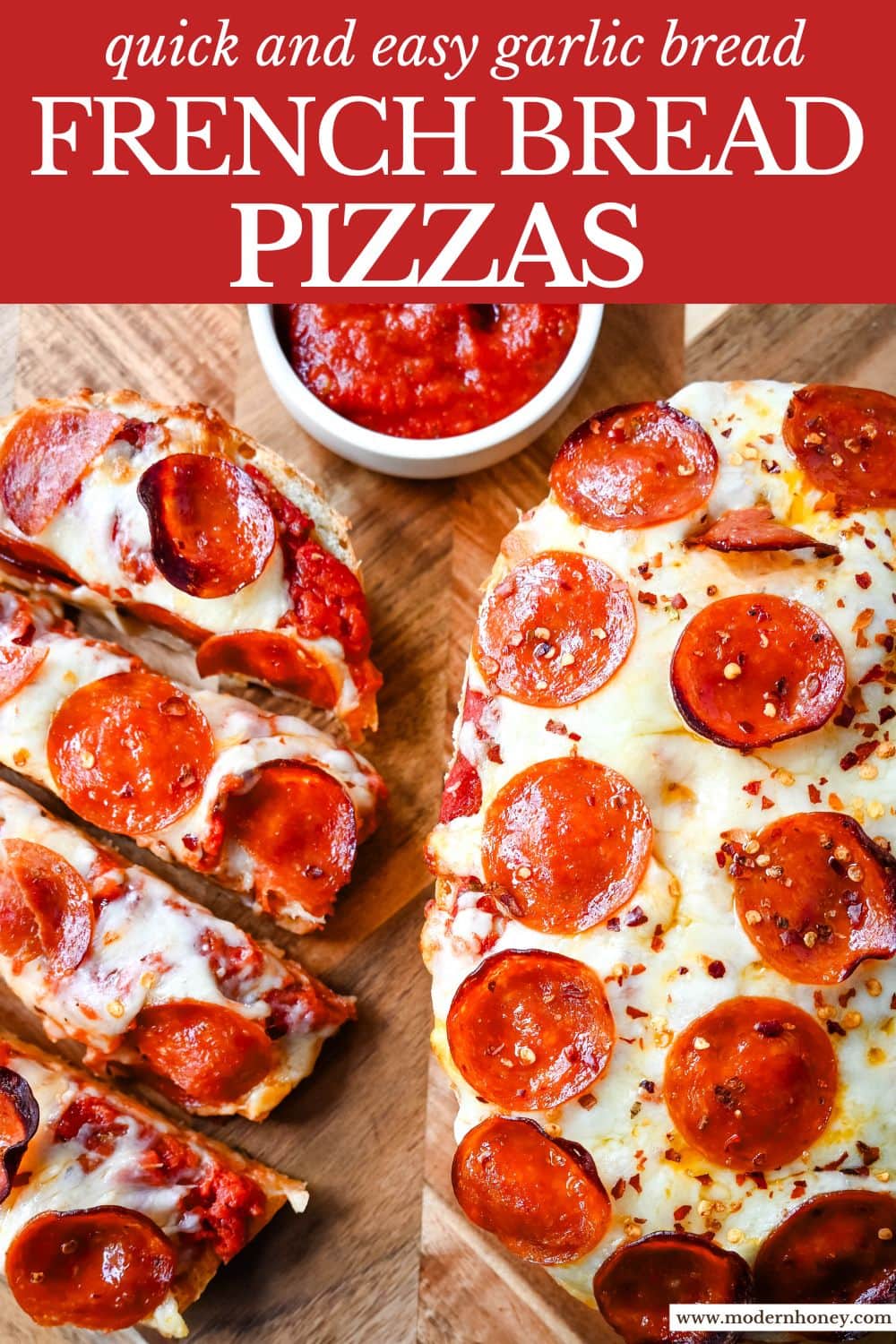 Homemade French Bread Pizzas. If you love the flavor of homemade pizza but want something simple, fast, and incredibly tasty, French bread pizzas are the perfect fix. This Garlic Butter French Bread Pizza starts with garlic butter brushed on the bread and topped with pizza sauce, mozzarella cheese, and pepperoni.