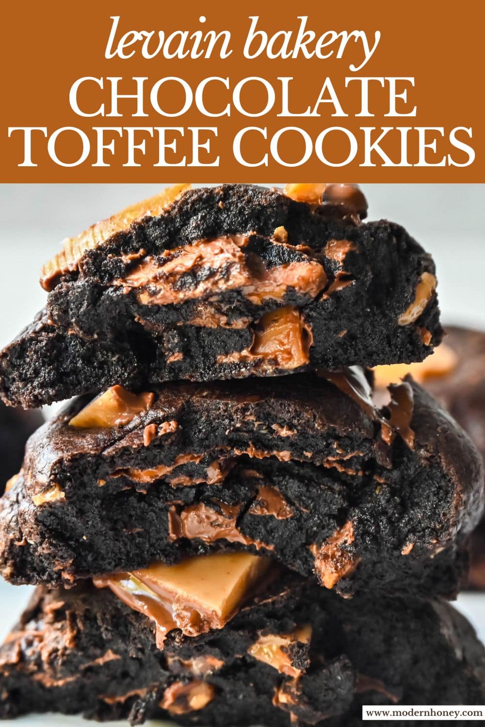 Rich, decadent, dark chocolate cookies filled with chocolate covered toffee chunks. These Levain Bakery Chocolate Toffee Cookies are the perfect chocolate toffee cookie. For extra rich chocolate flavor, add a touch of espresso powder to make Levain Bakery Coffee Toffee Cookies.