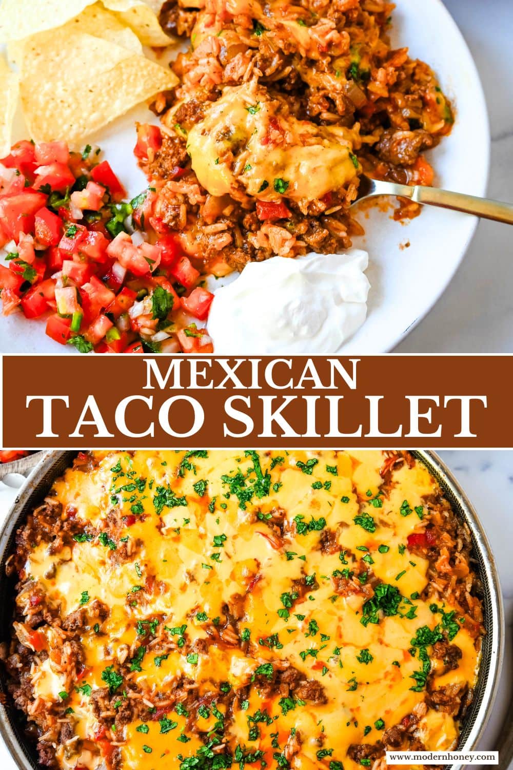 This Cheesy Taco Rice Skillet is a hearty, one-pan meal that brings all your favorite Tex-Mex flavors together in under 30 minutes. This Mexican Taco Skillet is loaded with seasoned ground beef, uncooked rice, and diced tomatoes—then simmered in a savory blend of beef broth and spices until perfectly tender and topped with melted cheese. A total crowd-pleaser for families and busy weeknights.