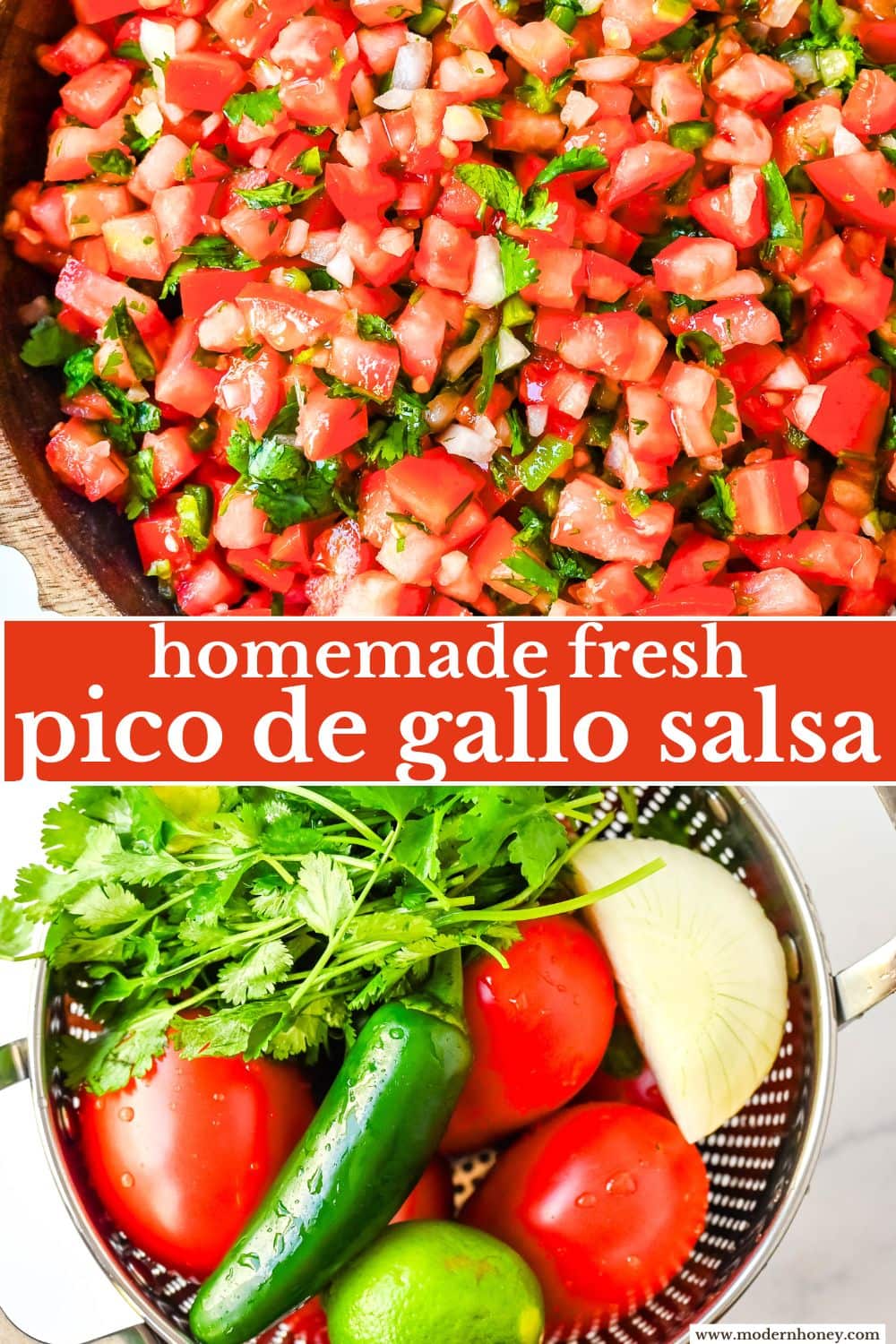 How to make fresh homemade pico de gallo made with the freshest ingredients -- fresh tomatoes, onion, cilantro, jalapeños, and lime juice. It is delicious on tacos, burritos, grilled meats, or as a simple fresh salsa with tortilla chips. It is super easy to whip up and is made with only six ingredients.