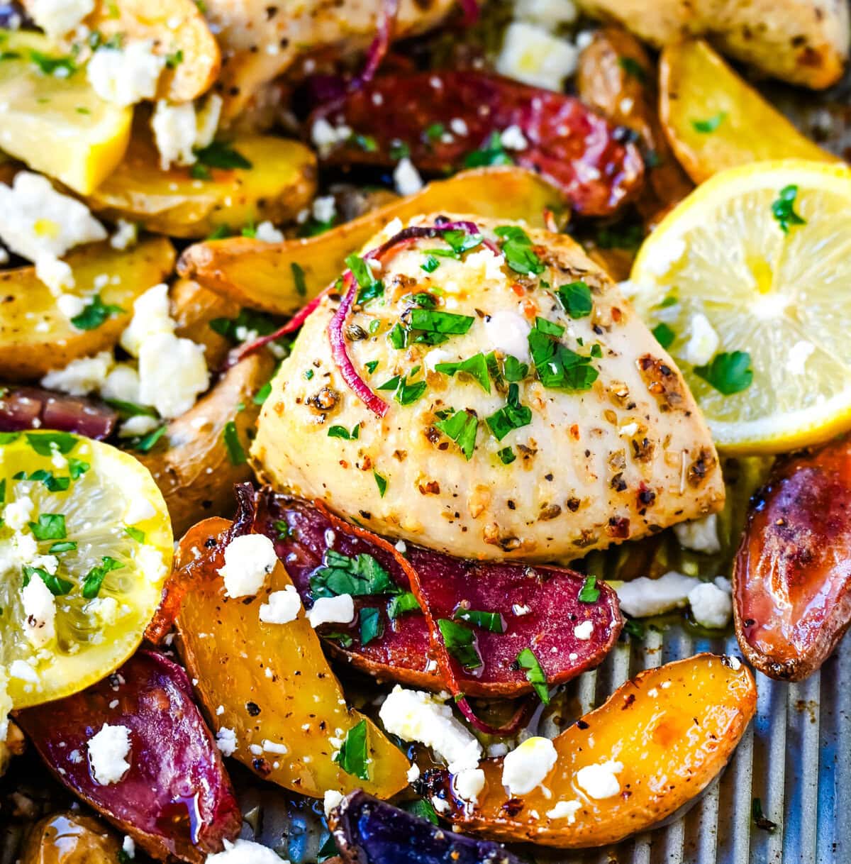 This Sheet Pan Greek Chicken and Potatoes are a perfect combination of juicy, marinated, golden-brown Greek chicken, tender potatoes, and a punch of fresh citrus and herbs in every bite. It’s a perfect weeknight dinner that requires only one pan and a little bit of prep time.