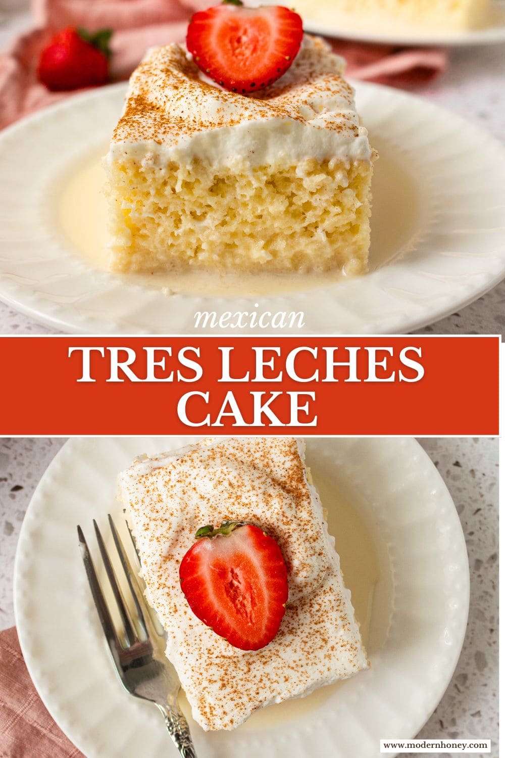 Tres Leches Cake. A classic Mexican dessert made with a vanilla sponge cake soaked with three kinds of milk -- heavy cream, evaporated milk and sweetened condensed milk and topped with fresh sweetened whipped cream. An authentic Mexican dessert recipe!