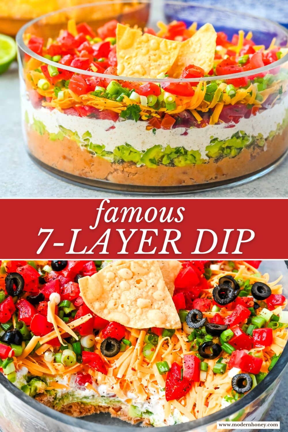 Seven-layer dip is a colorful, Tex-Mex-inspired appetizer featuring layers of refried beans, guacamole, seasoned sour cream, salsa, shredded cheese, fresh tomatoes, and sliced black olives. It’s popular because it’s easy to make, makes a stunning presentation, is delicious, and always a hit at parties or game-day gatherings. Whether you’re hosting a Super Bowl watch party or a casual family get-together, a classic 7 layer dip is guaranteed to impress.