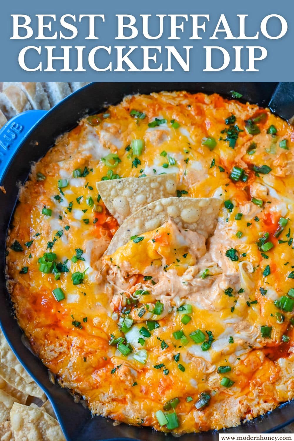 This Hot Creamy Buffalo Chip Dip is made with tender shredded chicken, cream cheese, buffalo sauce, ranch dressing, and topped with cheese, and baked until warm and bubbly. This is a perfect Super Bowl appetizer and this Chicken Hot Wing Dip is always a hit!