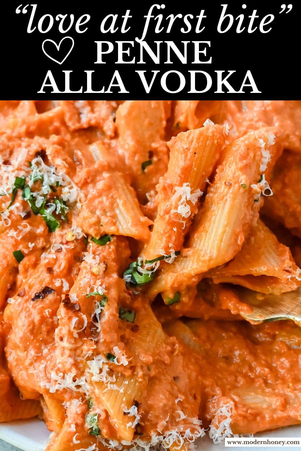 Penne alla Vodka is a classic Italian-American dish featuring a rich, creamy tomato sauce with a touch of vodka. While the alcohol cooks off, the vodka adds a subtle depth and brightness that sets this recipe apart from a standard marinara or tomato cream sauce. You will love this Love at First Bite Pasta!