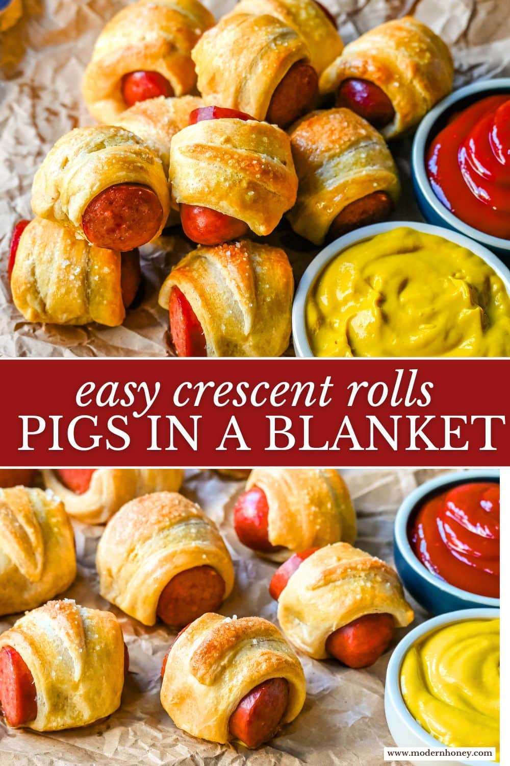 These Pigs in a Blanket are a classic, crowd-pleasing appetizer with juicy hot dogs wrapped in flaky crescent dough and baked until golden. These crescent roll hot dogs are so easy to prepare and you can even customize them into pretzel dogs. This is such an easy party appetizer to whip up in less than 30 minutes.