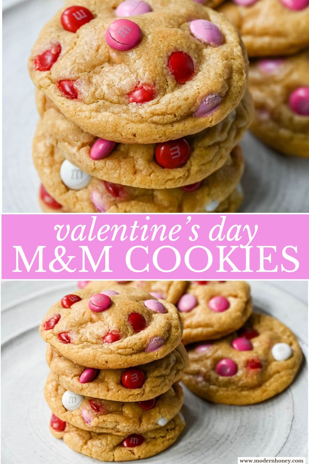 How to make the perfect Valentine's Day cookies. These soft and chewy Valentine's M&M Cookies have pops of pink, red, and white M&M's to make them not only delicious but festive and fun as well. You will love these Valentine's cookies!